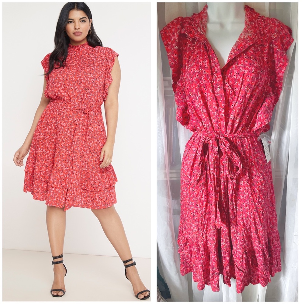 Eloquii Ruffle Mock Neck Floral Printed Sleeveless Dress Red Pink Black Size 14